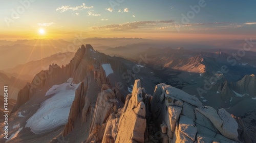 Summer sunrise from the summit of Mount Whitney, USA, offering spectacular panoramic views, --ar 16:9