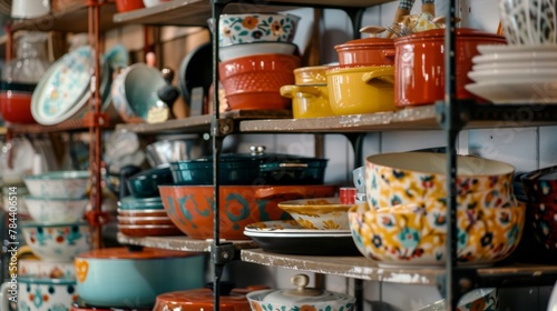 Thrift shop with a focus on retro kitchenware, from vintage Pyrex to old cast iron skillets, --ar 16:9