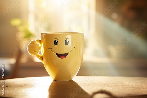 Happy smiling cup with thumbs up in sunlight