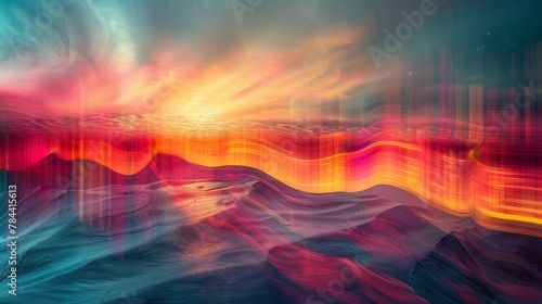 An abstract photo with vivid colors, blending composite century landscapes, sync wave rhythms, and CelestialChime melodies in a time-warp setting.