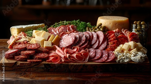  A wood platter showcases an assortment of meats and cheeses In the foreground, a cheese board is present