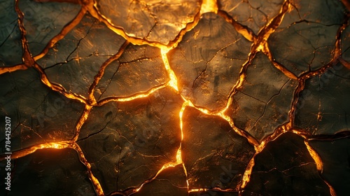  A tight shot of a fissured surface, illuminated by light emanating from the cracks in its heart, plus radiance originating from the cracks atop