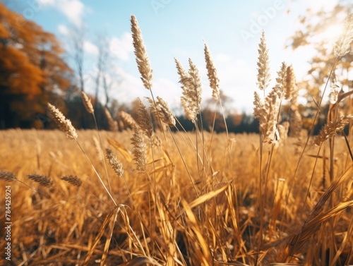 A serene view of a field of tall grass with trees in the background