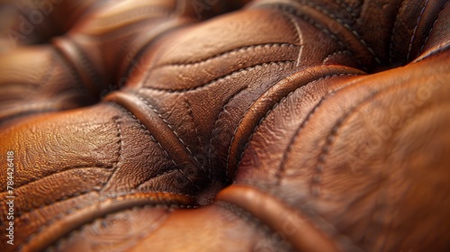  A tight shot of a brown leather seat's back, displaying distinctive stitching pattern Back stitching also visible