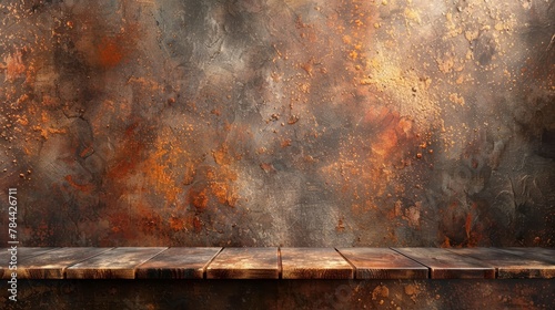  A wooden table faces a grungy wall Beneath it, a wooden plank rests