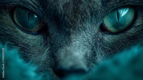  A tight shot of a cat's expressive eyes, framed by blue fur at its lower face
