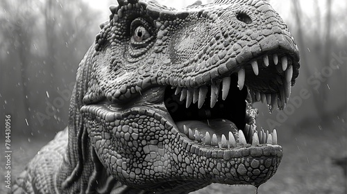  A black-and-white image of a dinosaur with an open mouth