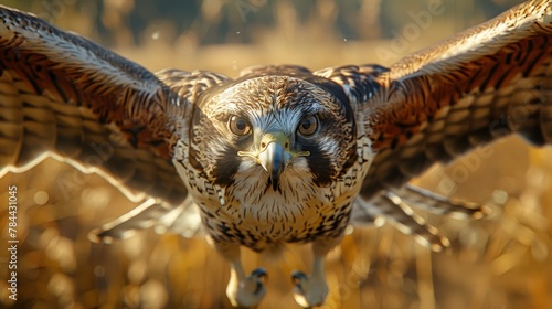  A tight shot of a raptor with spread wings and wide-open eyes