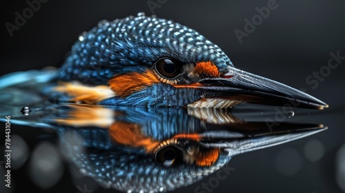  A bird closely gazing into mirrored waters, its head precisely reflected