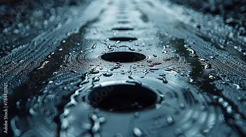  A tight shot of water droplets on a sink's surface, with a running drain down its center