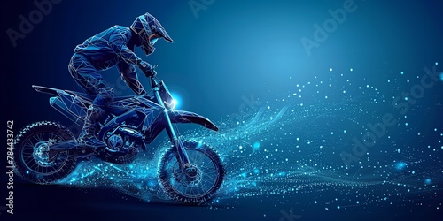 In a dark backdrop an abstract wireframe with a biker riding bike with a big space for text or product backdrop, Generative AI.