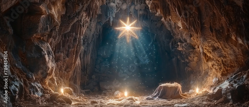 The scene of the birth of Jesus Christ depicted in a wooden manger with the Star of Bethlehem shining above, set inside a cave.