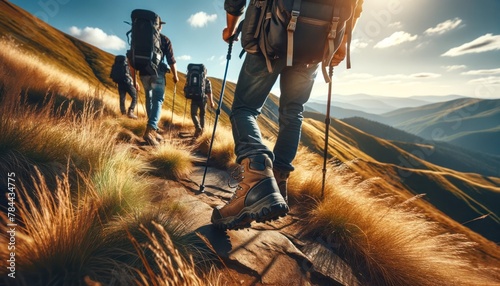 group of hikers with backpacks and trekking poles making their way along a scenic mountain trail.