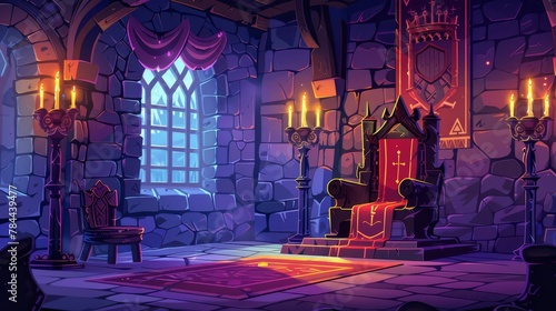 Ballroom interior in medieval palace with royal throne, knights in metal armor, tapestries with candles in candelabra on stone walls, game background.