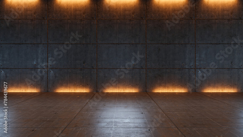 Atmospheric light in the modern futuristic underground showroom with a concrete wall. Empty space garage, light effects, rough concrete tiles.