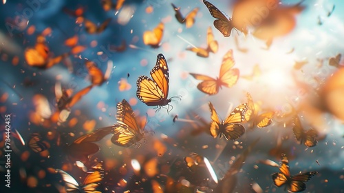 A hoard of ponder butterflies rocketing toward the sky in a lovely cluttered setting enlivened by the lovely sun blue sky setting and space, Generative AI.