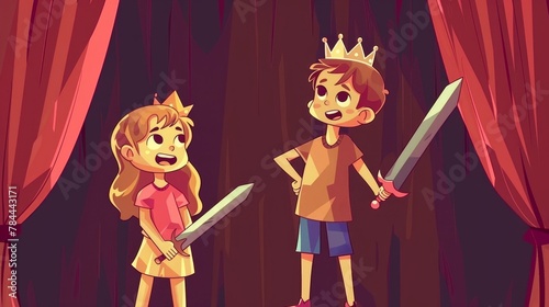 Kids play on stage with red curtains in a children's theater poster. Modern invitation flyers with cartoon illustration of boys and girls performing with swords and crowns on stage.