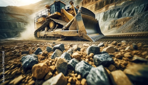 heavy machinery at work in a rugged terrain. The focus is on a large yellow bulldozer