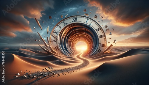 surreal landscape where time itself bends. A gigantic clock face forms a swirling tunnel in the desert, with Roman numeral