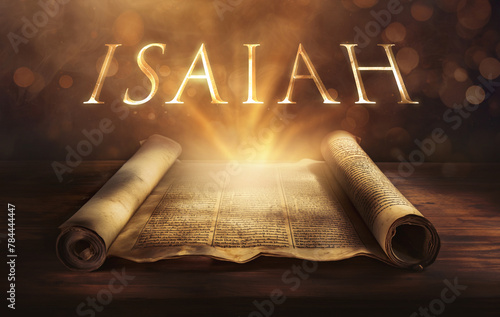 Glowing open scroll parchment revealing the book of the Bible. Book of Isaiah. Prophecy, salvation, judgment, Messianic prophecy, faithfulness, holiness, righteousness, comfort, servant songs, restore