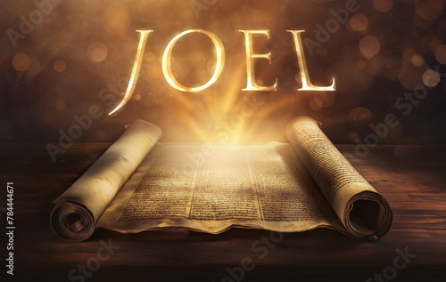 Glowing open scroll parchment revealing the book of the Bible. Book of Joel. Day of the Lord, prophecy, locust plague, restoration, repentance, outpouring of the Spirit, judgment, blessings