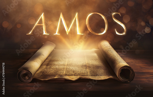 Glowing open scroll parchment revealing the book of the Bible. Book of Amos. Justice, judgment, prophecy, social injustice, righteousness, repentance, warning, visions, punishment, restoration