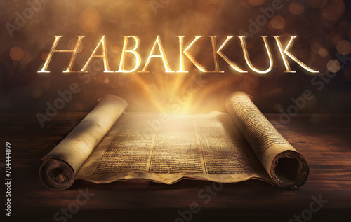 Glowing open scroll parchment revealing the book of the Bible. Book of Habakkuk. Questioning, faith, justice, prophecy, lament, trust, sovereignty, judgment, perseverance, worship