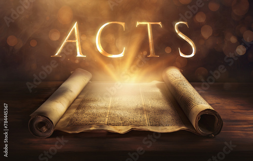Glowing open scroll parchment revealing the book of the Bible. Book of Acts. Church, evangelism, Holy Spirit, missions, miracles, persecution, conversion, apostles, community, expansion