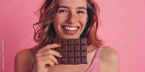 A woman holding a piece of chocolate. Perfect for food and indulgence concepts
