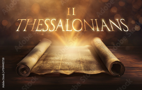 Glowing open scroll parchment revealing the book of the Bible. Book of 2 Thessalonians. Second Thessalonians. Endurance, eschatology, apostasy, encouragement, hope, prayer, perseverance, correction