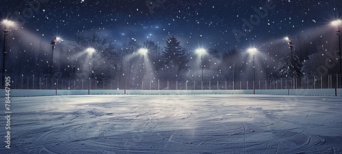 Snow and ice. An empty skating rink illuminated by spotlights. illustration. generative ai