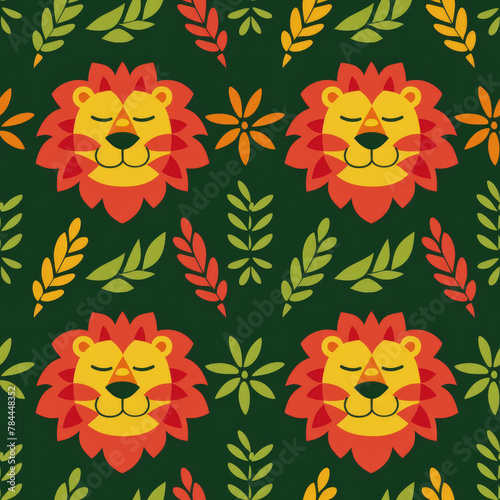 cute rasta lion using the colors red, gold, and green in a seamless pattern