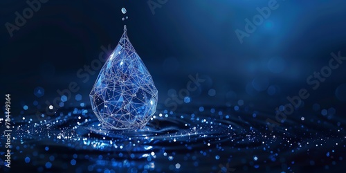 In a dark backdrop an abstract wireframe of water drop with lots of connections a concept of save water, Generative AI.