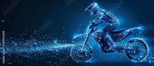 In a dark backdrop an abstract wireframe with a biker riding bike with a big space for text or product backdrop, Generative AI.