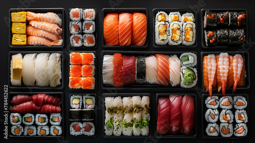 different types of sushi an a black background
