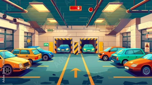 Retro cars parked underground. Modern cartoon illustration of a basement garage with many cars, daylight coming through an open gate, exit sign and shelters for the vehicles.