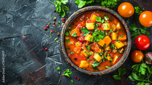 Bowl of hot vegetable stew garnished with parsley on a rustic surface.