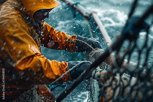 Close shot of a fisherman fishing in a rough weather in sea wearing raincoat with space for text or backdrop, Generative AI.
