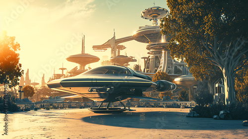 Flying car in a sci-fi park. Copy Space.