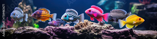 Symphony of color: a school of vibrant fish in underwater paradise. A mesmerizing sight unfolds as a variety of colorful fish glide gracefully through the depths of their aquarium home