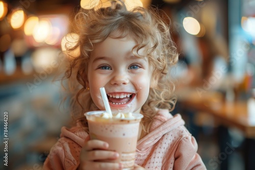 A gleeful child with bright blue eyes enjoys a chocolate milkshake, showing pure delight and a carefree moment