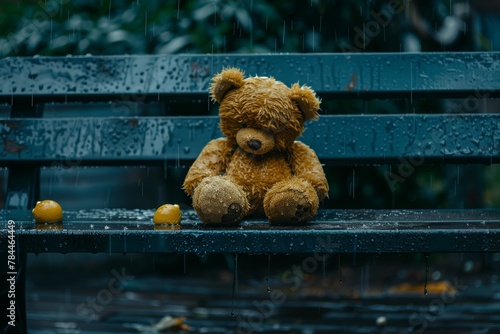 Depicting a teddy bear seated on a wet bench in the rainfall, the image suggests yearning and reflection