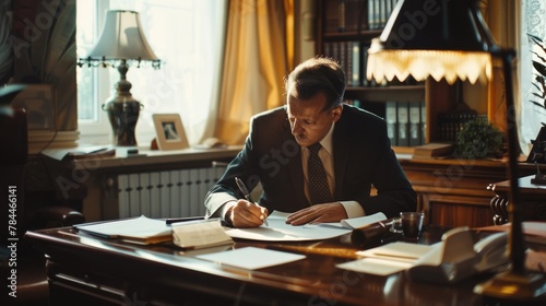 A man in a suit sitting at a desk writing. Ideal for business and office concepts