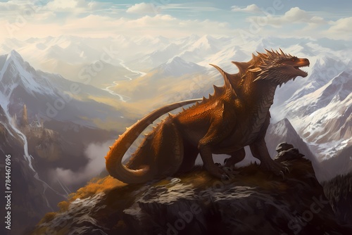 **A breathtaking mountain vista with a colossal dragon perched at its peak, surveying the land below