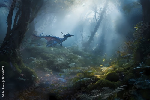 **A mist-shrouded forest alive with the sounds of wildlife, where a graceful dragon prowls through the undergrowth with silent majesty