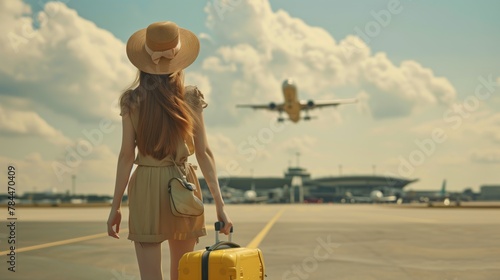 An elegant traveler poses in front of an airplane, expressing her joy before traveling. Her sophisticated look and impeccable style impress with their luxury and elegance.