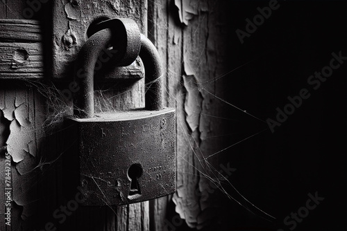 Locked old pad lock hanging in old door. symbol of cybersecurity, protecting from malicious attacks. black and white image with copy space