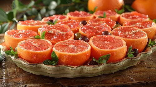  A table is laden with a grapefruit platter, featuring ripe fruits and their green leaves, accompanied by olives amidst other grapefruits in the background