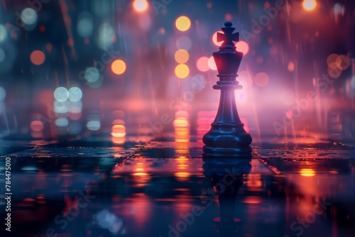 The king chess piece sits on a wet board under the orange hues of a sunset sky