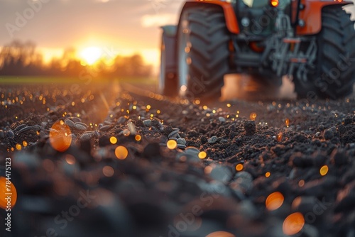 Tractor working in the field at sunset